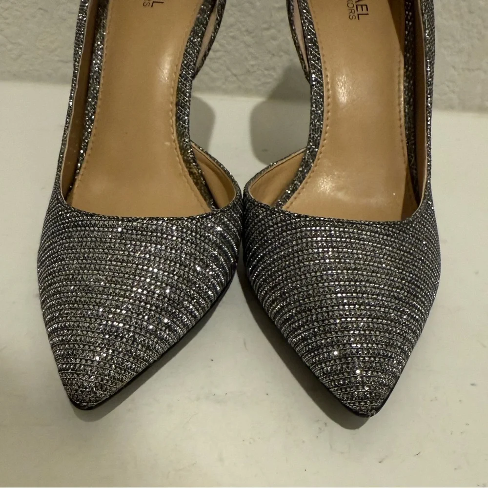 MICHAEL Michael Kors Nathalie Flex High D’Orsay Pump Heels Silver Chain Mesh 7